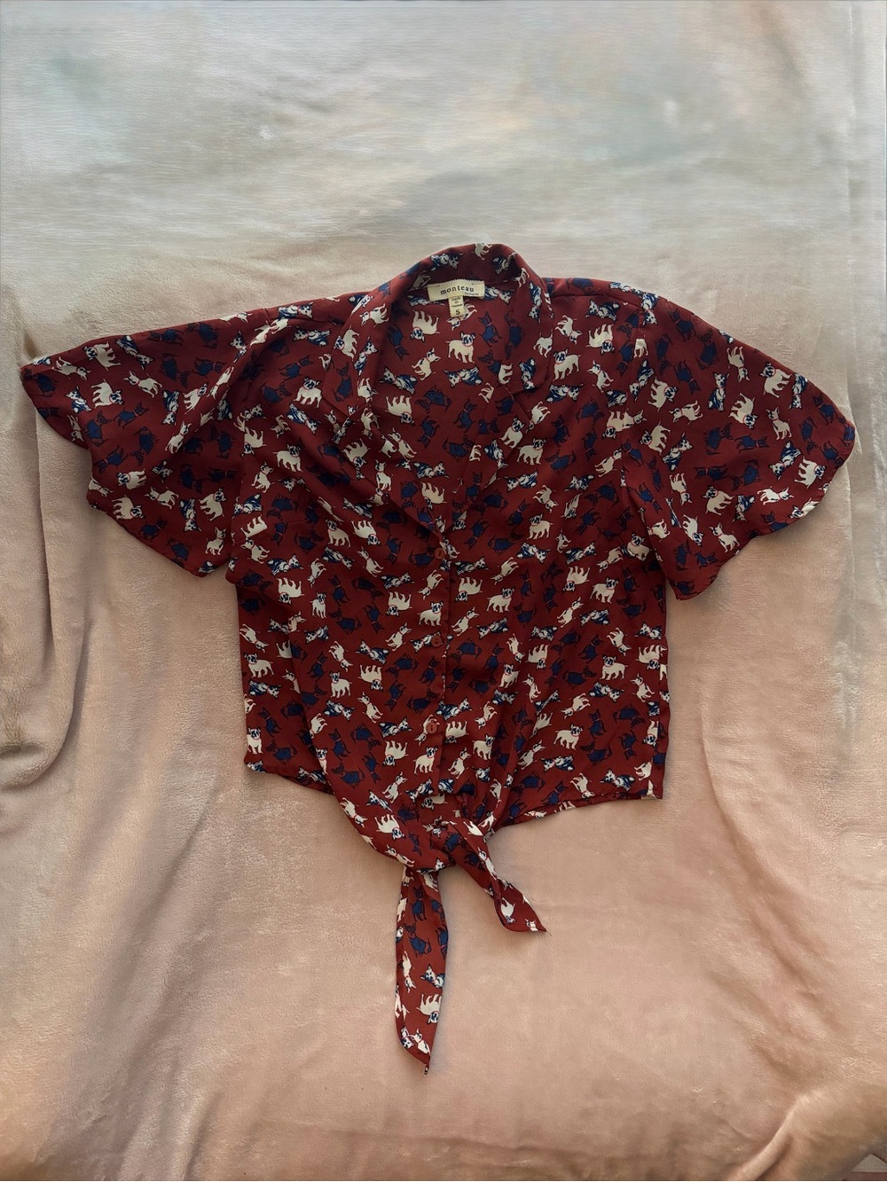 Monteau Rust Red Blouse with Cream & Navy Dog Print
